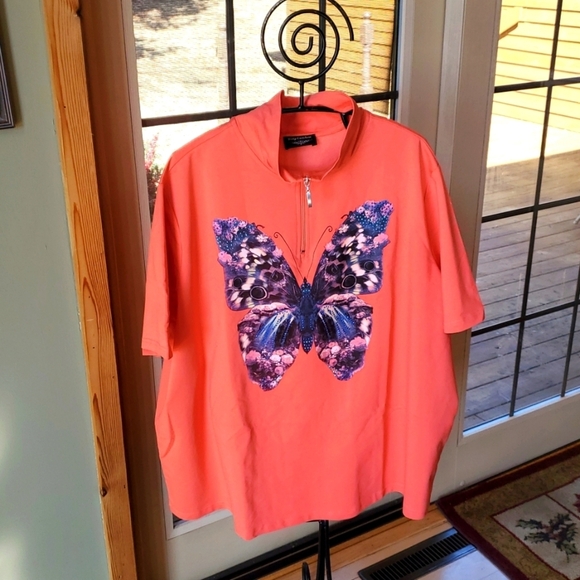 Daily Comfort Short Sleeve Butterfly Graphic 1/4 Zip Pullover Sz. 3XL Top - Picture 1 of 13